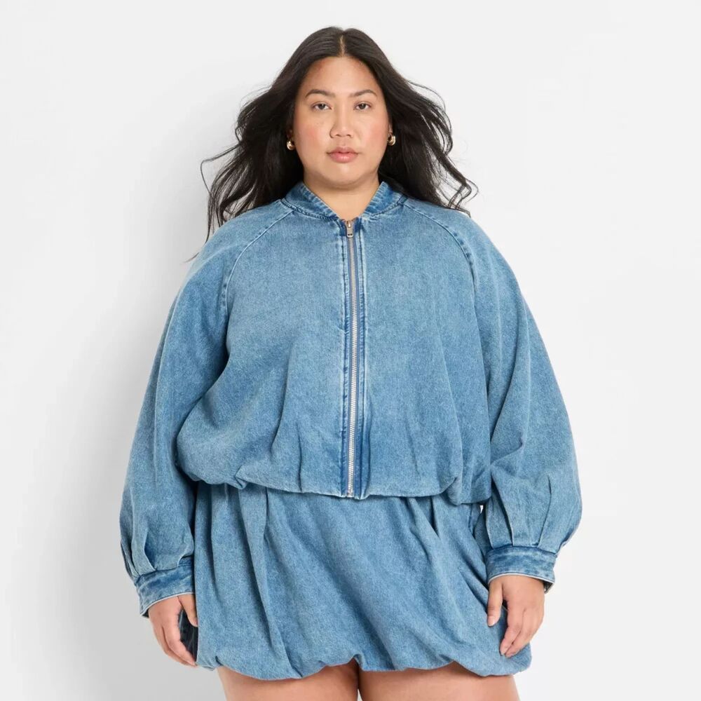 Future Collective Denim Bubble Bomber Jacket Light Blue Acid Wash NWT XL